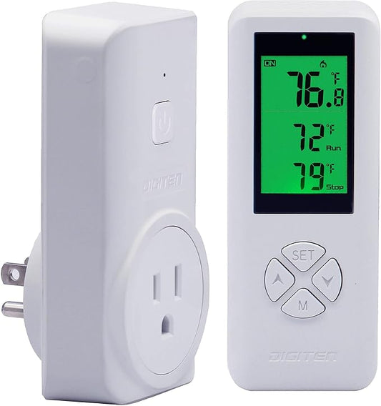 15A Wireless Temperature Controller, Digital Plug-in Thermostat Outlet with Remote Control, Support Heating & Cooling for A/C, Fans, and Heaters White