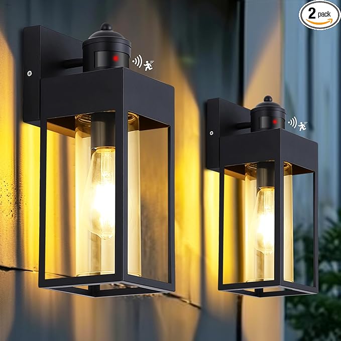 Motion Sensor Outdoor Wall Lanterns 2 Packs, Dusk to Dawn Exterior Light Fixture, 3 Lighting Modes, Waterproof Front Porch Lights for Garage Patio Garden House Entryway, Black.
