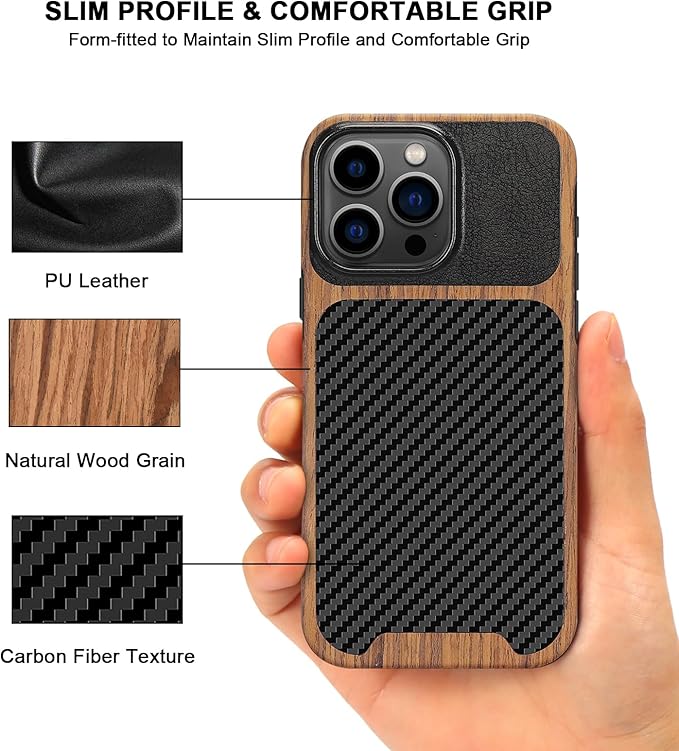 TENDLIN Magnetic Case Compatible with iPhone 15 Pro Case Wood Grain with Carbon Fiber Texture Design Leather Hybrid Slim Case (Compatible with MagSafe) Black