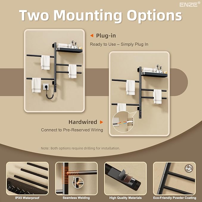 ENZE Smart Rotating Heated Towel Rack for Bathroom, Wall-Mounted Electric Towel Dryer with Swivel Bars & Shelf, Smart Timer, Low Carbon Steel, Plug-in/Hardwired, Towel Warmer with Wi-Fi App Control