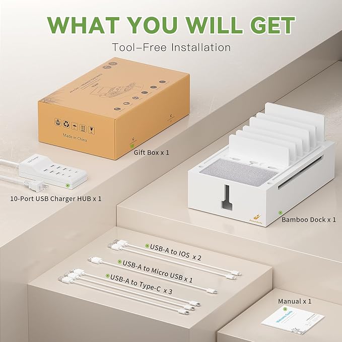 Pezin & Hulin Bamboo Charging Station for Multiple Devices, USB Charger Dock Organizer, with Power Supply (10 Ports HUB), 6 Cables, Cable Management Organizer for Cell Phones, Tablets -White