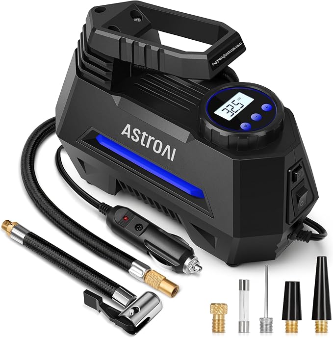 AstroAI Tire Inflator Portable Air Compressor Air Pump for Car Tires-Car Accessories, 9.8Ft Cord-12V DC-Powered Auto Pump with Digital Pressure Gauge, Emergency LED Light for Bicycle, Balloons, Blue