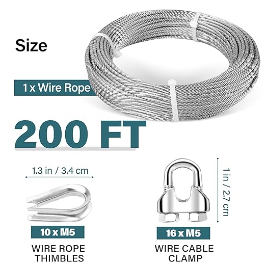 3/16 Wire Rope, 200ft 3/16 Stainless Steel Cable Wire, 7x19 Strand Aircraft Cable Wire Rope Kit, 3700lbs Breaking Strength with 3/16 Cable Clamps,Thimble for Deck Railing Shade Sails String Lights