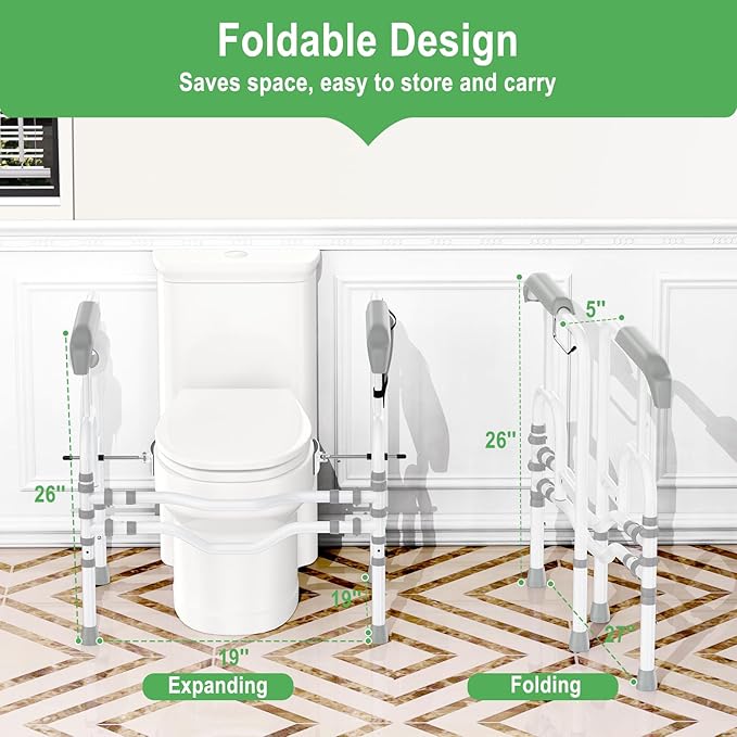 Foldable Toilet Safety Rail for Seniors, Toilet Safety Frame Height Adjustable, Heavy Bathroom Rail with Armrests, Bathroom Safety for Elderly and Disabled(400LBS)
