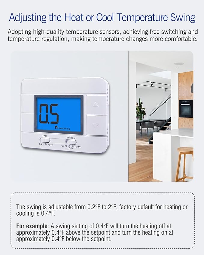 Non Programmable Thermostat for Home 1 Heat/ 1 Cool Single-Stage System, with Room Temperature Monitor (LCD Blue Backlit Screen)