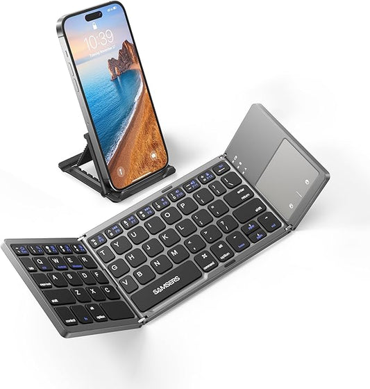 Samsers Foldable Bluetooth Keyboard with Touchpad, Portable Wireless Keyboard with Stand Holder, Rechargeable Full Size Ultra Slim Pocket Folding Keyboards for Android Windows IOS Tablet & Laptop-Gray