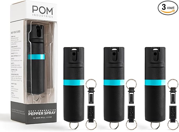 POM Pepper Spray Keychain, Quick Key Release for Instant Access, Flip Top Safety, Maximum Strength OC Formula with UV Marking Dye, 25 Bursts, 10 ft Range, 0.5 fl oz