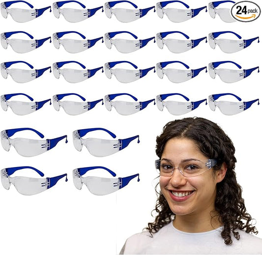 BISON LIFE Clear Lens Color Temple Safety Glasses | One Size, Adult, Youth, Clear Protective Polycarbonate Lens Color Temple, Blue, 24 PAIRS