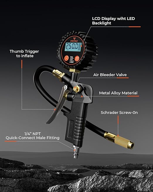 ETENWOLF T500 Digital Tire Pressure Gauge with Inflator, Tire Gauge 0-250 PSI, Calibrated to ANSI B40.7 Grade 2A, Air Chuck & Compressor Accessories with Storage Bag, Black