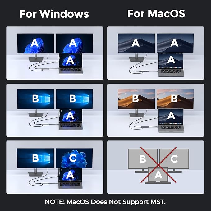USB C Video Output Hub, Dual Monitor Docking Station Supports USB-C PD Monitor, Thunderbolt Splitter for Portable Screen, Video Output 4K@30-60Hz, 4 Port Gen2 10Gbps, PD 100W, with Type C Video Cable