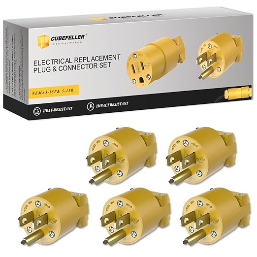 CUBEFELLER® Extension Cord Ends Male Kit, Replacement Plug, 3 Prong, 15Amp, 125Volt, NEMA 5-15P, UL Listed, 5pcs,ER0105P(Yellow)