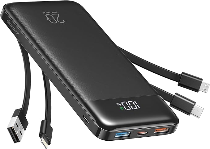 charmast 20000mAh Portable Charger with Built in Cables, 22.5W Travel Power Bank Fast Charging, USB C Cell Phone Battery Pack for iPhone 16/15/14/13/12/11 Series, iPad, Samsung, Android, Tablet