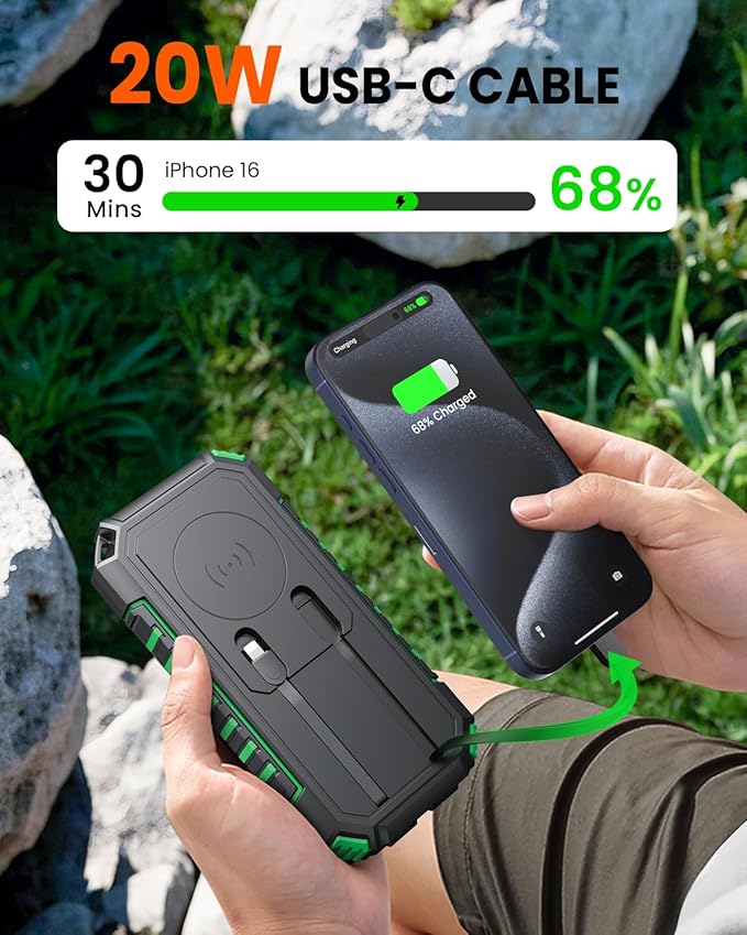 Riapow Solar Charger Power Bank, 27000mAh Wireless Portable Charger Built-in Cables, 22.5W Fast Charging Battery Bank with USB C in/Output, PD QC 3.0 Battery Pack Flashlights Outdoor (Green)