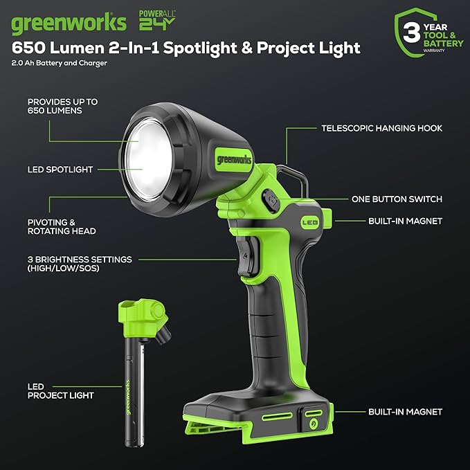 Greenworks 24V Cordless Impact Driver & 2-in-1 Work Light Kit with 2x 2Ah Batteries & Charger – Brushless, Lightweight for DIY, Home Repairs & Outdoor Use