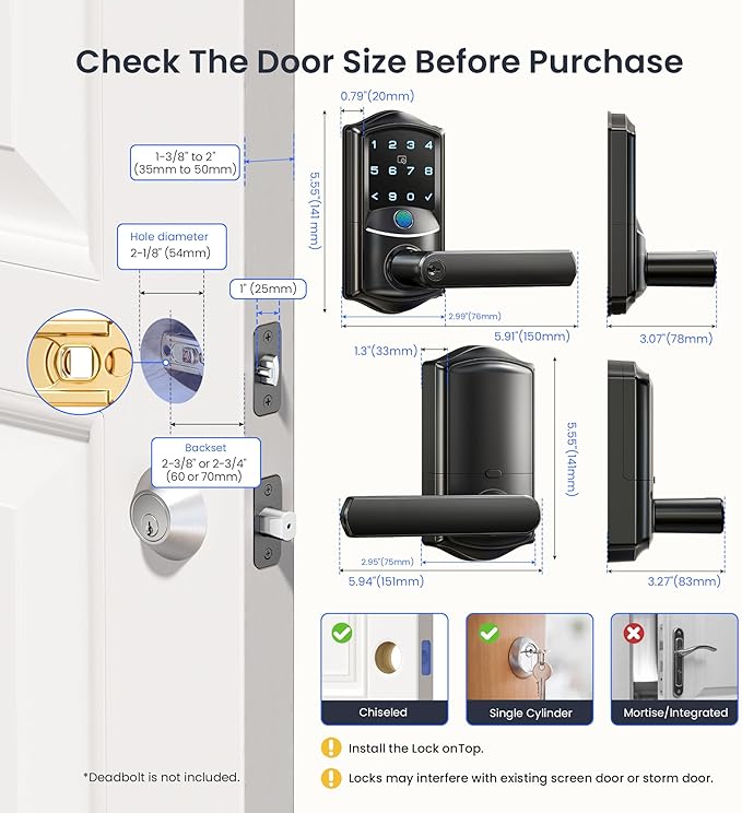 Veise VE029 WiFi Smart Lever Lock, Fingerprint Keyless Entry Door Lock with Handle, Built-in WiFi, Remote App Control, Electronic Digital Knob for Front Door and Bedroom, IP65 Waterproof, Matte Black