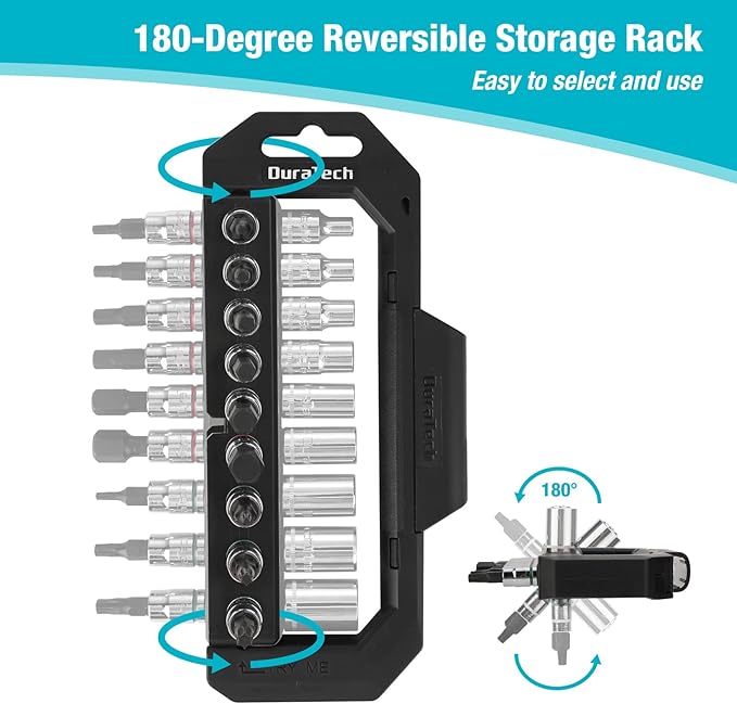 DURATECH 1/4" Drive Socket Set 20 Pieces, Including Metric and SAE Bit Sockets, Ratchet Wrench, Extension Bar, and Swivel Storage Rack, Cr-V S2 alloy steel, Meets ANSI Standards