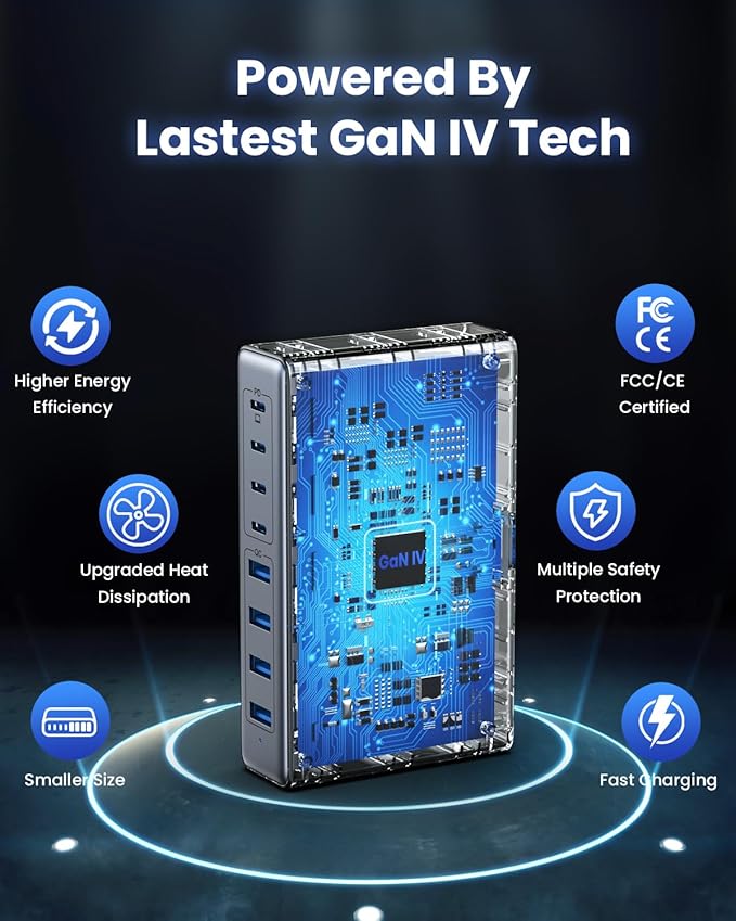 200W USB C Charger Block,GaN IV Charging Station 8 Ports,QC4.0 Fast Charging Station Hub+PD 65W USB C Laptop Charger Adapter Compatible with MacBook Air/Pro,DELL,iPhone 16/15,iPad,Steam Deck-Black