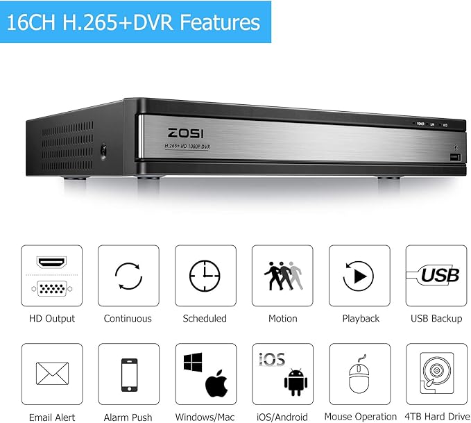ZOSI H.265+ 1080p 16 Channel Security Camera System with AI Human Vehicle Detect, Hybrid 4in1 DVR, 8 x 1080p CCTV Bullet Cameras Outdoor, 120ft Night Vision and 105°Wide Angle, Remote Access, 4TB HDD