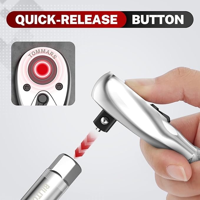 TOMMARS 1/2-Inch Drive Stubby Ratchet Mini Ratchet Quick-Release Head 72-Tooth