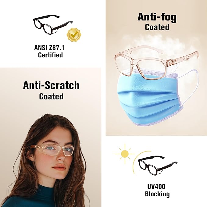 ProtectX Stylish Anti-Fog & Scratch-Resistant Safety Glasses, UV Protection Goggles, Anti-Impact Lightweight Glasses for Men＆Women Cold Brew Clear - 2 Pack