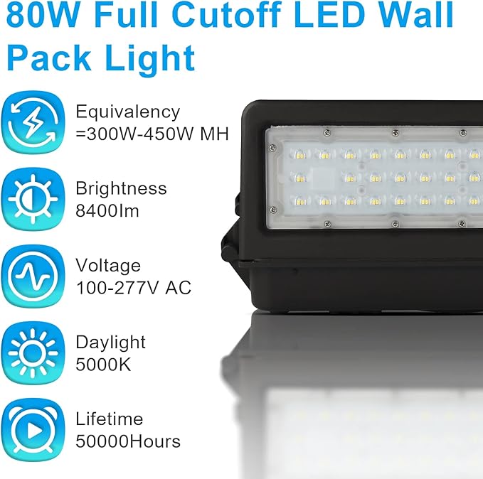 OSTEK 80W Full Cut-Off LED Wall Pack Light with Photocell 11000LM 5000K - Replaces 300 watt Metal halide/HPS, Outdoor Area Full Cutoff Wall Pack led Light Fixture IP65, UL, DLC (watts, 80)
