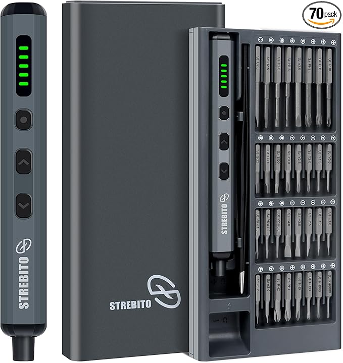 STREBITO Mini Electric Screwdriver Set, 70 in 1 Small Electric Screwdriver Cordless - 64 S2 Preicison Bits, 5 Torque Settings, 4 LED Lights, Mini Power Screwdriver Repair Tool Kit for PC RC Electronic