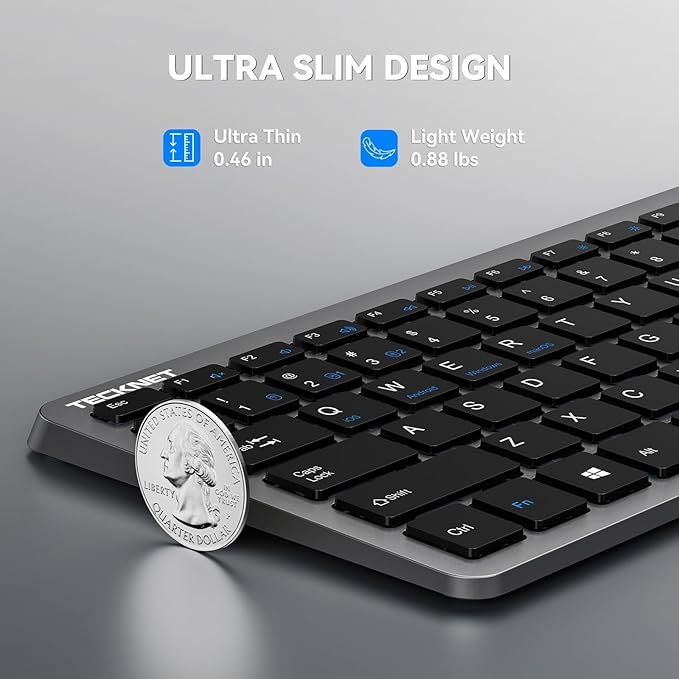 TECKNET Wireless Bluetooth Keyboard Rechargeable - Ultra Slim 2.4G+BT Keyboard with Number Pad, Multi Devices Easy Switch, Low Profile Compact Keyboards for iPad, Macbook, Laptop, Computer, Tablet, PC