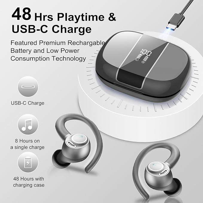 Wireless Earbuds Bluetooth 5.3 Headphones Sports, 48Hrs Playtime Bluetooth Earbuds with CVC 8.0 Mic, Stereo Bass Over Ear Bud with Earhooks, LED Display, IP7 Waterproof Earphon for Running Gray