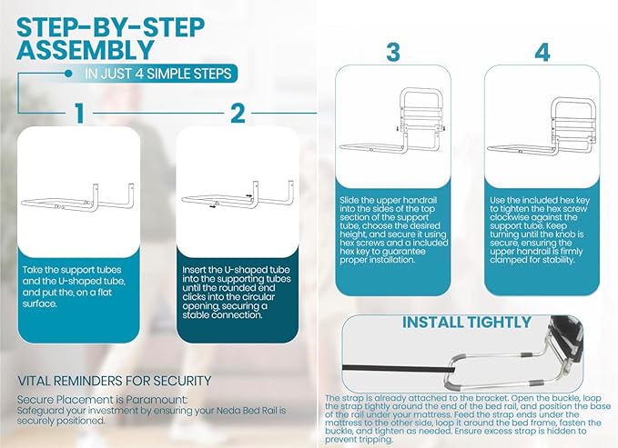 NEDA Adjustable Bed Rails for Elderly Adults – Medical Bed Assist Handle, Safety Support Rail for Seniors, Bedside Rail for All Bed Sizes ASTM F3186-17 & 16 CFR 1270 CPSC Certified