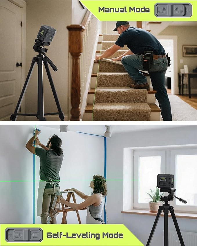Mini Self-Leveling Green Laser Level, Cross Line Laser ideal for Picture Hanging and Construction, Includes Magnetic Rotating Stand and Batteries, Compact and Portable