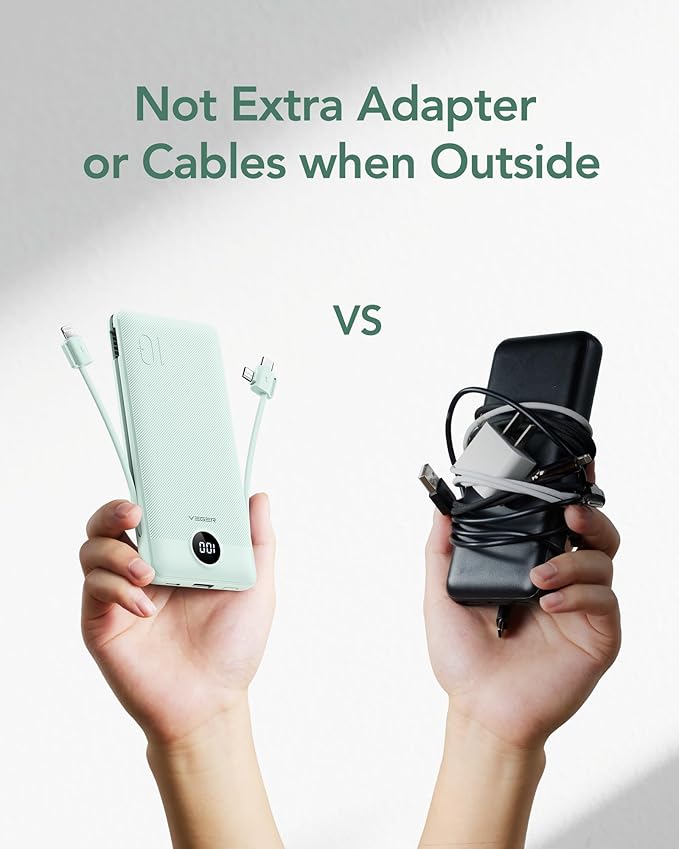 VEGER Portable Charger for iPhone with Built in Cables and Wall Plug, 10000mah Slim Fast Charging USB C Power Bank, Travel Essential Battery Pack Compatible with iPhone, iPad, Samsung etc(Green)