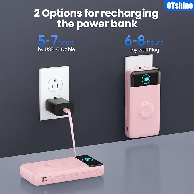 Portable Charger 40800mAh Power Bank with Built-in Cables,Wall Plug and iWatch Charger,6-in-1 QC4.0+25W PD USB C Fast Phone Charging,LCD Display Battery Pack for iPhone 16/15,Apple Watch,Galaxy-Pink