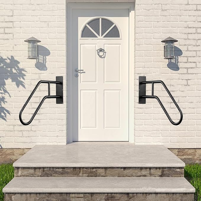 2 Pack Outdoor Handrail for 1-3 Step Stairs, 28.7” Wall Mount Stair Hand Railing Grab Bars Metal Stair Railing Handrails for Outdoor Steps, Garage, Porch, Garden, Indoor (Simple Bent Shape)