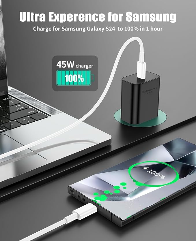 45W Super Fast Charger Type C for Samsung S24, USB C Android Phone Charger Fast Charging Block with 6FT/10FT Type C Charger Cord for Samsung Galaxy S24+ Ultra/S23+ Ultra/S22+ Ultra/iPhone 17/16-White