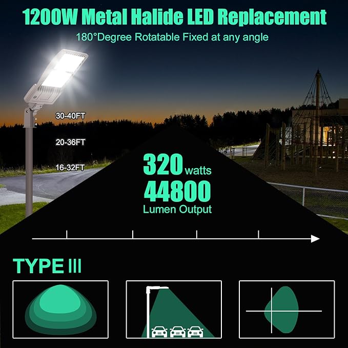 BBESTLED 320W Commercial Light Parking Lot Slip Fitter Mount, Stadium Lights Outdoor, UL DLC Listed 44800LM IP65 5000K LED 320W Backyard Tennis Court Area Street Pole Lighting, LED Parking Lights