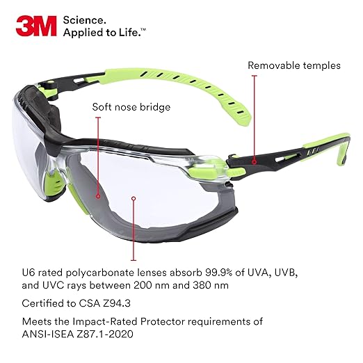 3M Safety Glasses, Solus 1000 Series, ANSI Z87, Scotchgard Anti-Fog, Clear Lens, Green/Black Frame, Removable Foam Gasket and Strap