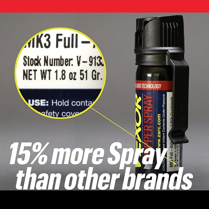Vexor Pepper Spray Full Axis with Belt Clip for Self Defense — Maximum Police Strength, 20-Foot Range, Full Axis Capability, Flip Top Safety for Quick and Accurate Aim, Protection