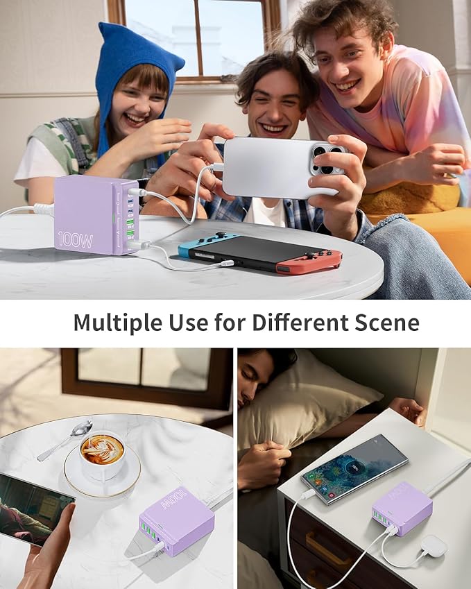 USB C Charger Block Charging Station: 100W 6 Port GaN Fast Charging Brick Hub Cube Box - PD 3.0 Type C & USB A Wall Charger Power Adapter for All iPhone 17 iPad Samsung Android Pixel Series