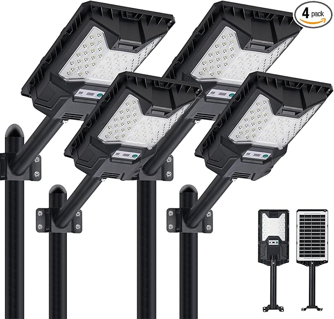 Solar Street Light Outdoor, 20000LM 6500K Waterproof Motion Sensor LED Solar Powered Flood Light with Remote Control,Dusk to Dawn Commercial Area Lighting for Outside Parking Lot, 4-Pack