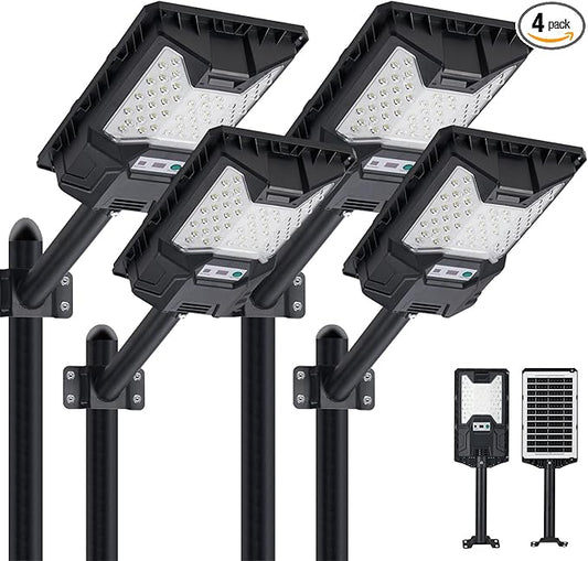 Solar Street Light Outdoor, 20000LM 6500K Waterproof Motion Sensor LED Solar Powered Flood Light with Remote Control,Dusk to Dawn Commercial Area Lighting for Outside Parking Lot, 4-Pack