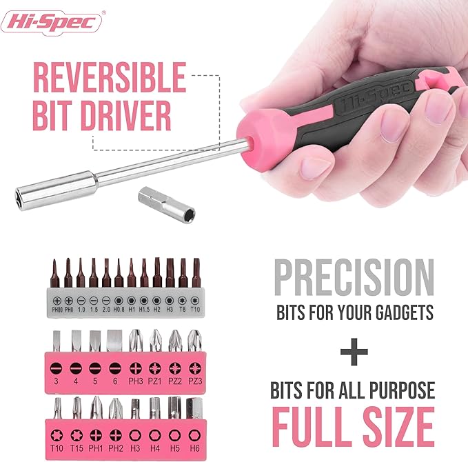 Hi-Spec 42pc Small Tool Box Set for Women. Home, Office and College Dorm Household DIY Screwdriver Toolkit of Starter Basic Ladies Pink Tools