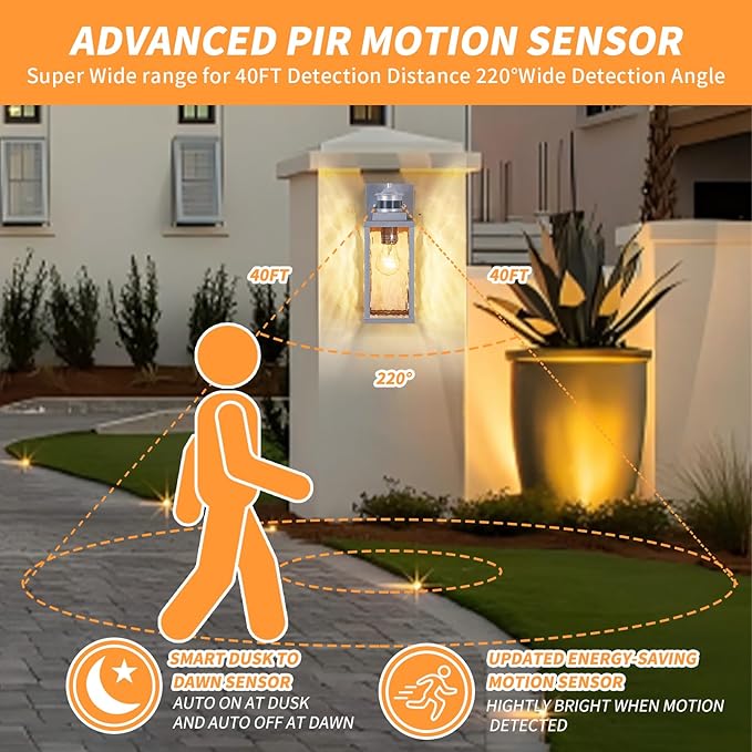 2 Pack Silver Motion Sensor Outdoor Wall Lights,Updated Dusk to Dawn Outdoor Lighting, Exterior Light Fixtures Wall Mount,Waterproof Porch Light Outside Lights for House