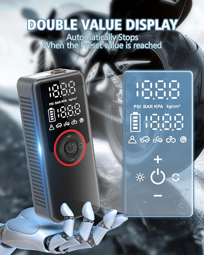 Tire Inflator Portable Air Compressor Air Pump for Cars, Bikes & Motorcycle Tires, 25mm Cylinder Pump with 150PSI for 3X Faster Inflation, Dual Cordless and DC12V Power with Accurate Pressure Gauge