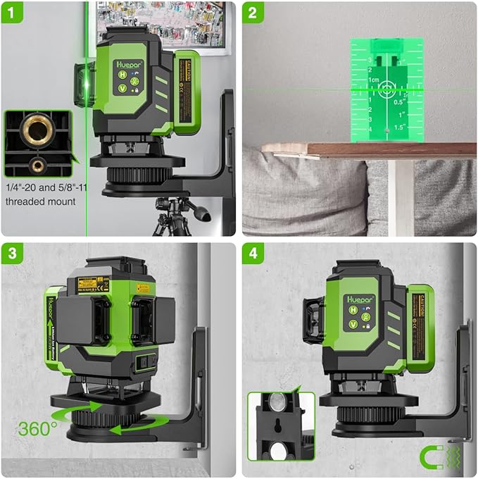 Huepar 3D Self Leveling Laser level for Tiling Floor Ground Etc., 2 Li-ion Batteries, 3x360 Cross Line Green Beam Laser Level with Type-C Charge Port & Magnetic Bracket, Hard Carry Case-LS03DG