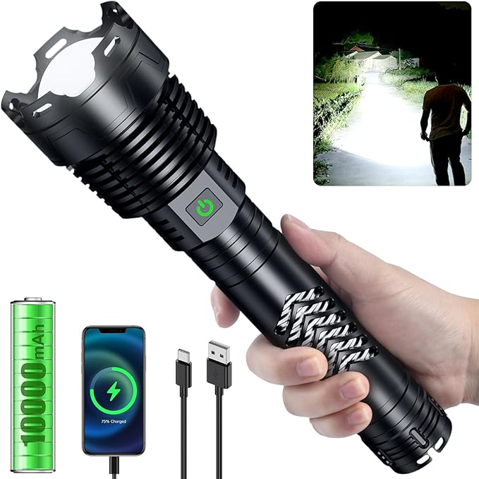 Rechargeable LED Flashlights 6000.000 High Lumens, Super Bright Flashlight with Input and Output Functions, Tactical Flashlight for Camping Home Emergencies (Large, Piece, 1)