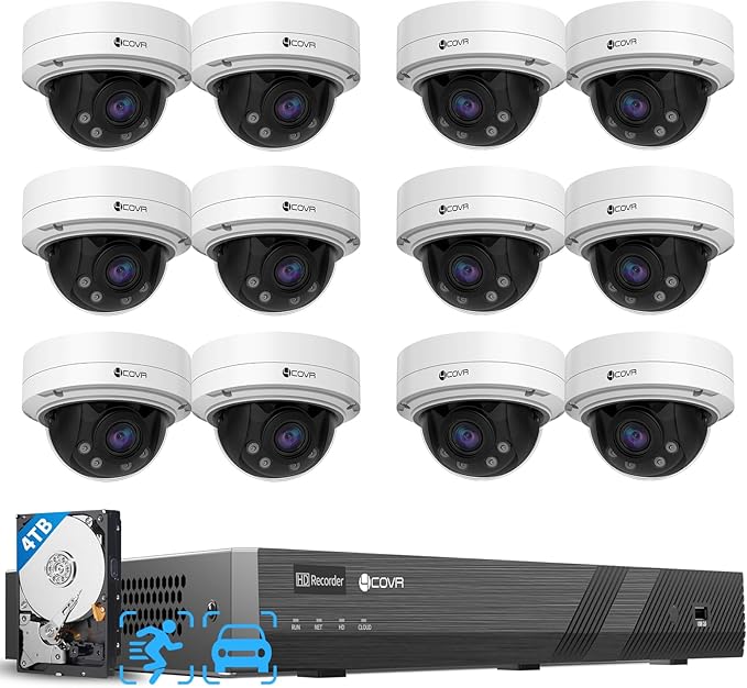 4COVR 4K 16 Channel AutoFocus Security Camera System PoE, 12Pcs IK10 Vandal-Proof 8MP 2.7-13.5mm Dome IP Camera for Business, IP67 Human/Vehicle Detection, 16CH Commercial 4K NVR 4TB HDD, LY57BA8M1612