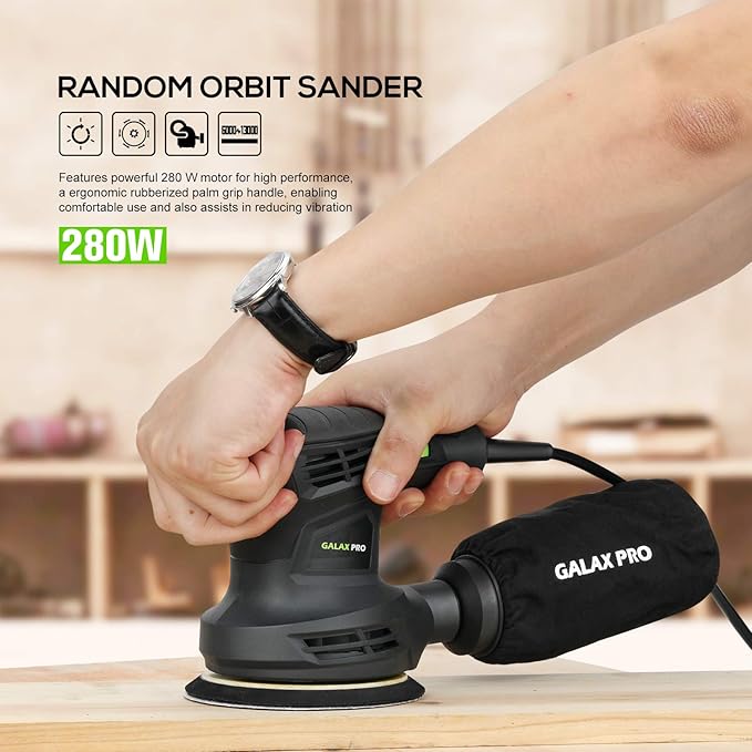 GALAX PRO 280W 13000OPM Max 6 Variable Speeds Orbital Sander with 15Pcs Sanding Discs, 5” electric Sander with Dust Collector for Sanding and Polishing