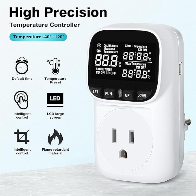 KABASI Digital Temperature Controller, Only Fahrenheit Dispaly Heavy Duty 15A Thermostat Outlet with Sensor, Heating Cooling Control Timer Plug Socket for Greenhouse Refrigerator Terrarium Aquarium