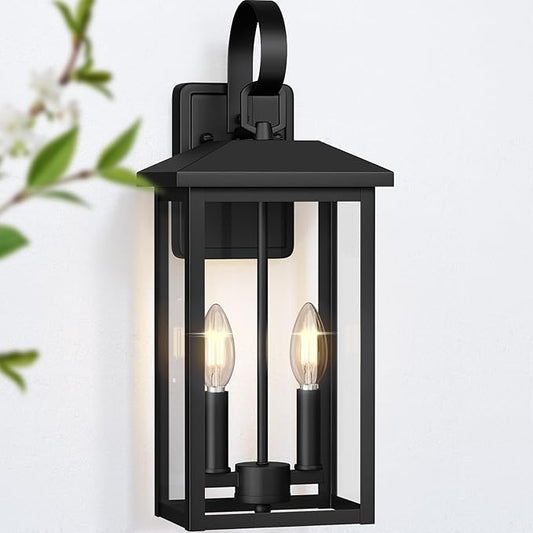 18" Large Black Outdoor Wall Light Fixture, 2-Light Waterproof ETL Listed Outdoor Wall Lamp with Clear Glass, E12 Socket, Aluminum Outside Garage Light Lantern for House, Porch, Patio, Garage
