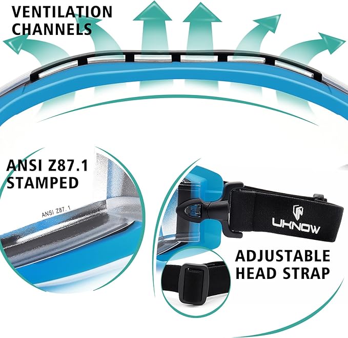 UKNOW Safety Goggles Over Glasses - Anti-Fog Clear Lens - ANSI Z87.1 Certified Eye Protection for Lab Work, Industrial Use